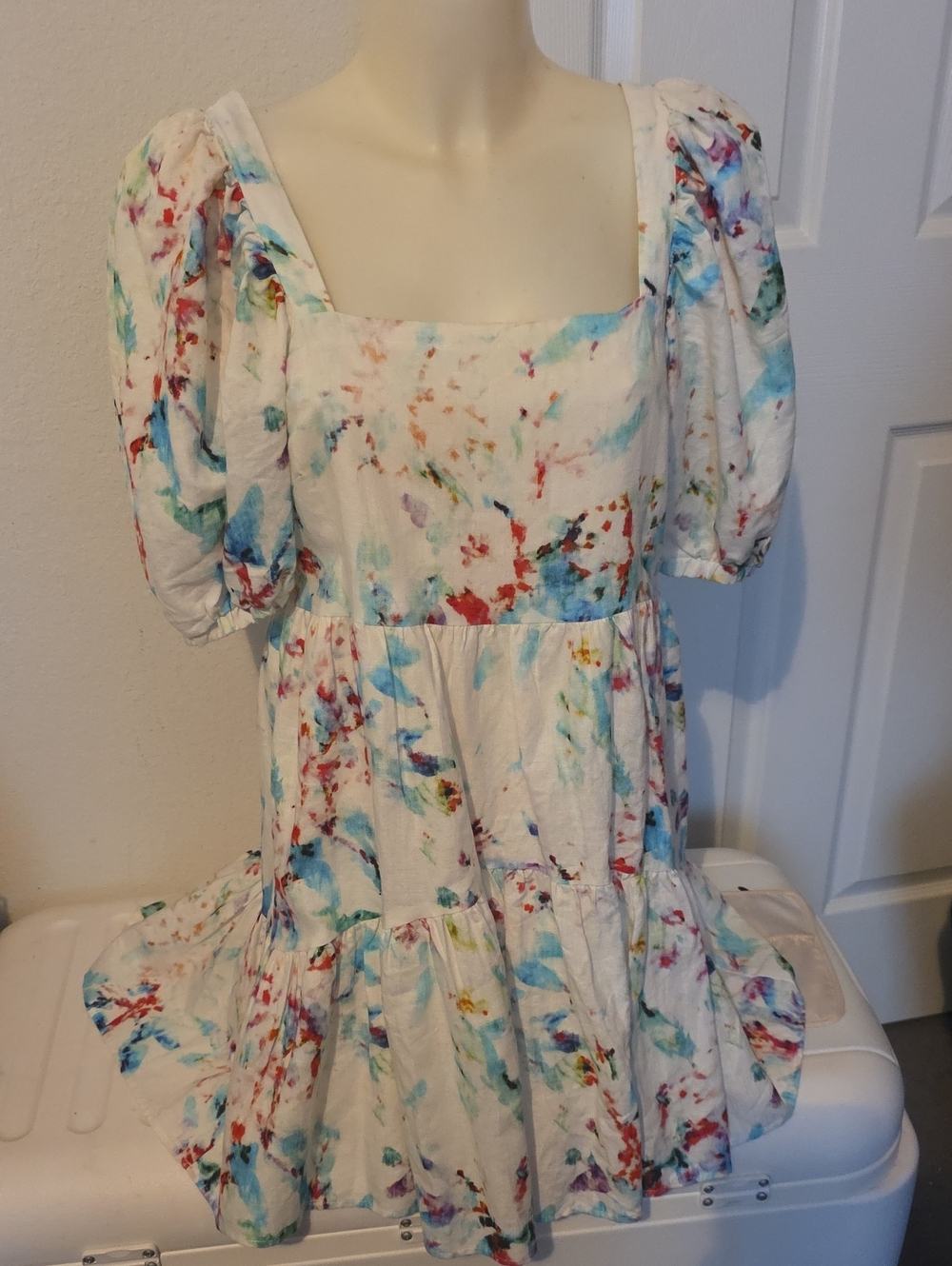 White Floral Print Puff-Sleeve Dress, Willa Story, Sz Med